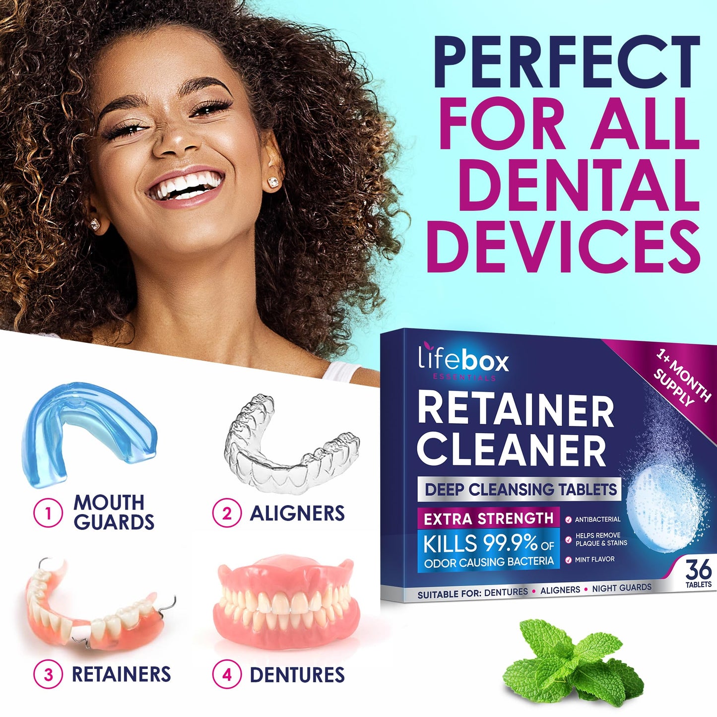 Retainer Cleaner Tablets - 36-Pack Denture & Aligner Cleaner (Mint Flavor)
