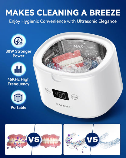 Retainer Cleaner with Upgraded MCU — 30W/45kHz Ultrasonic, 230ml Portable (White)