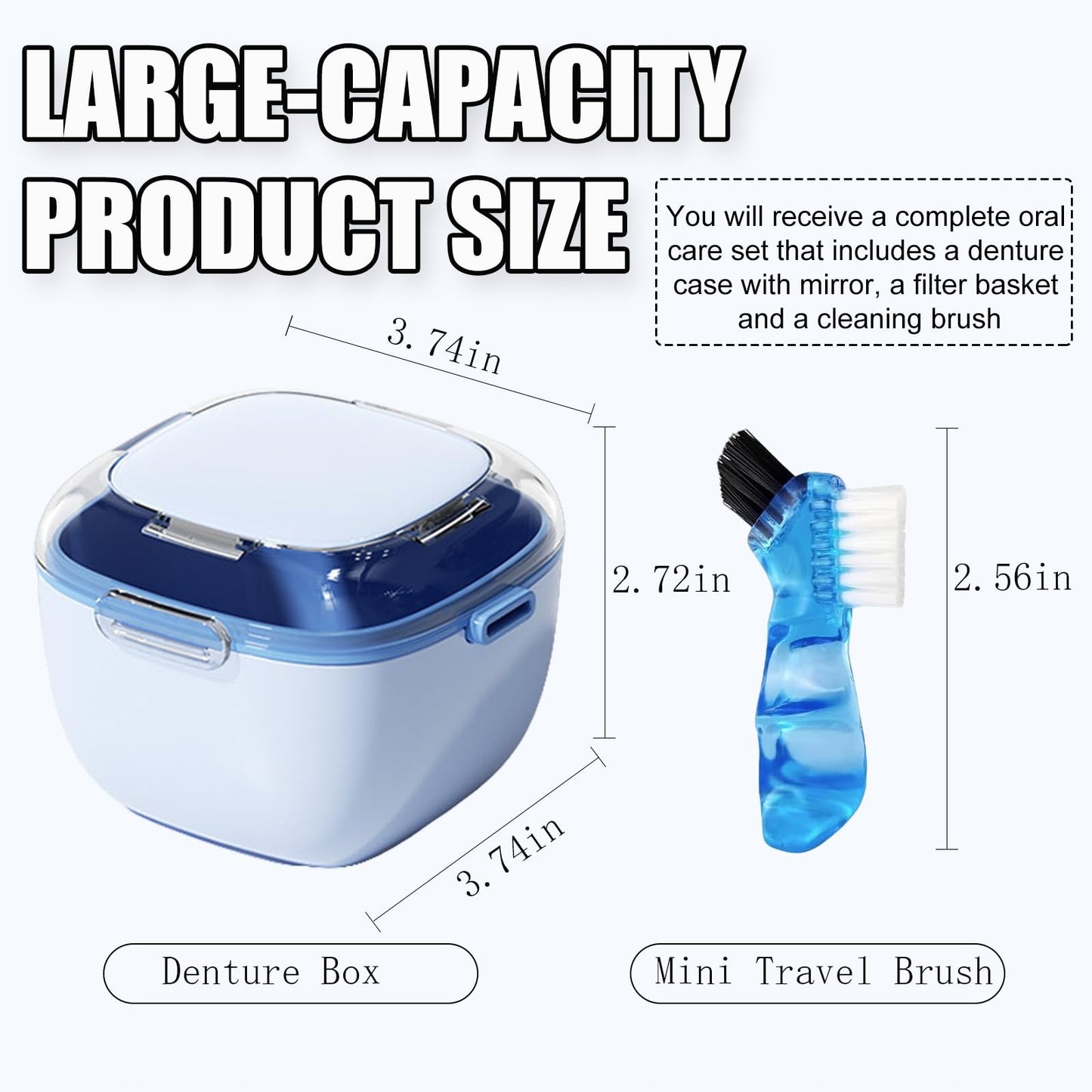 Denture Case & Retainer Cleaning Box – Large Capacity with Brush & Mirror