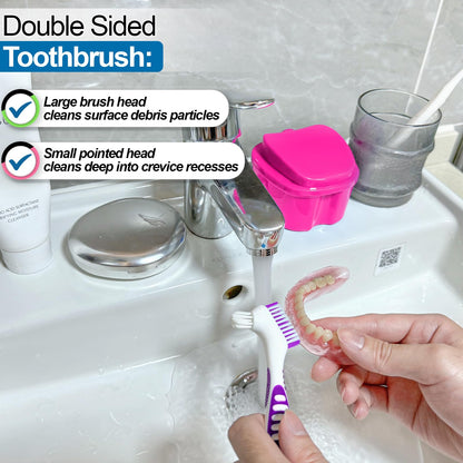 2 Pack Denture Bath Case Cup - Rose Red & Black | Retainer Cleaner Holder & Travel Storage