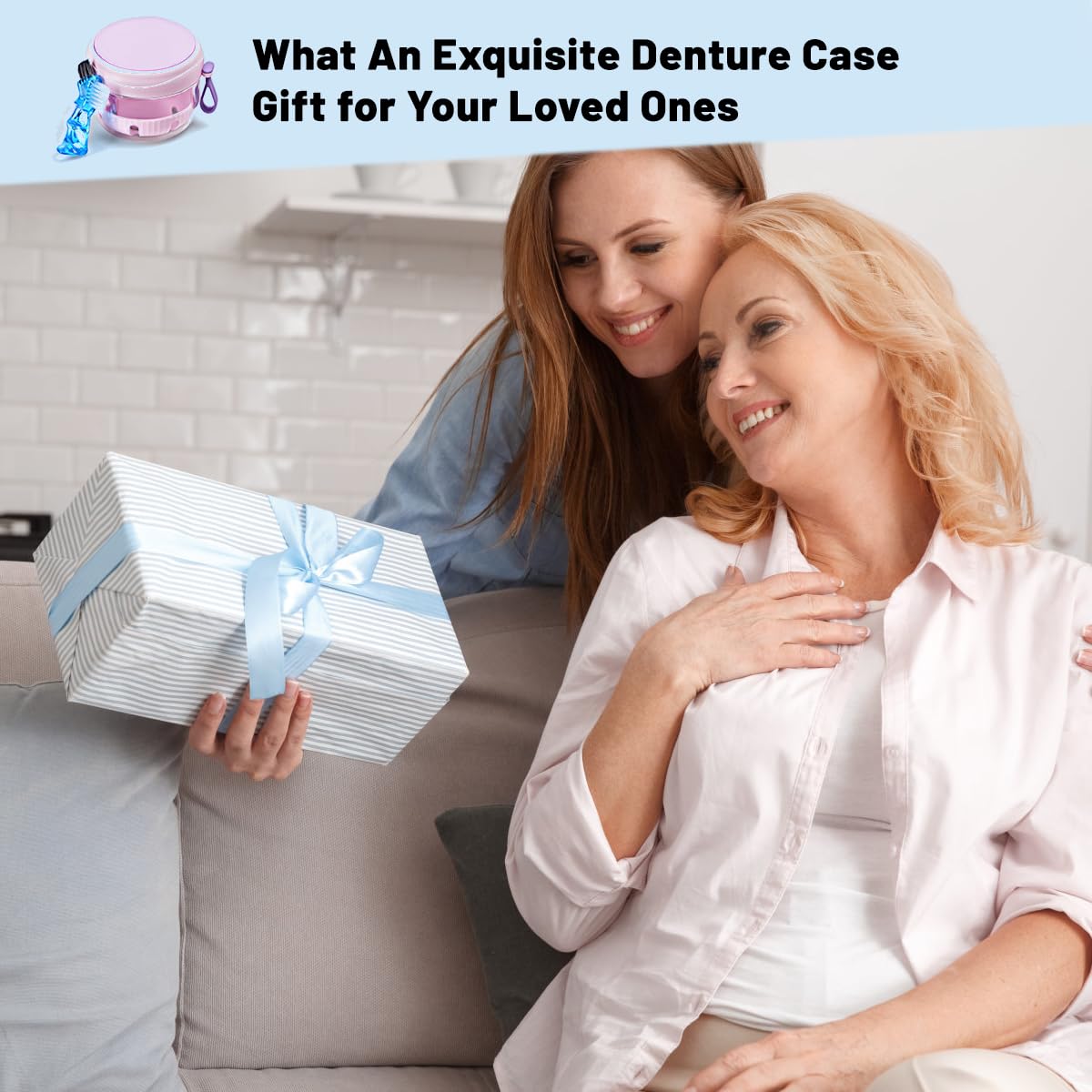 Purple Denture Case with Strainer & Mirror - Leak-Proof Travel Cup