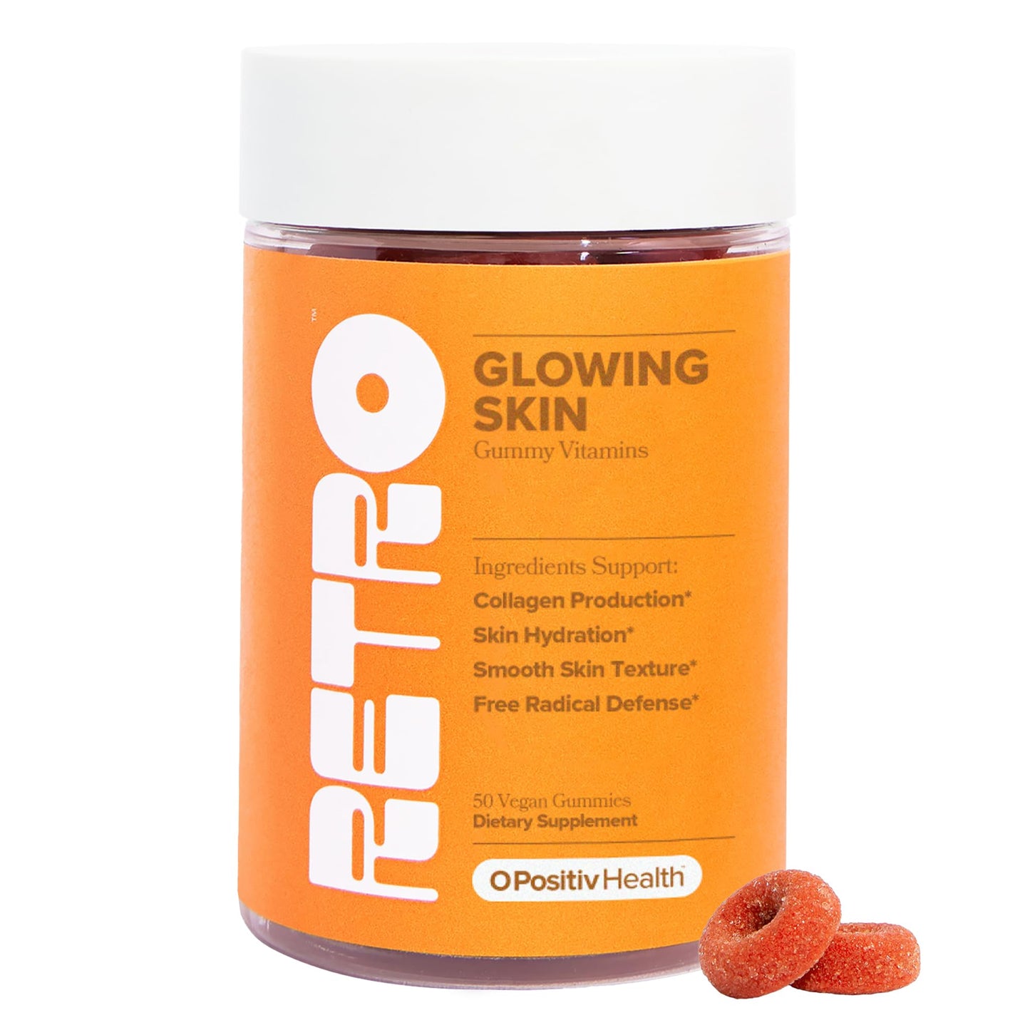 O Positiv RETRO Gummy Glowing Skin Vitamins – Vegan Skin Gummies for Collagen & Hydration (50 Count)