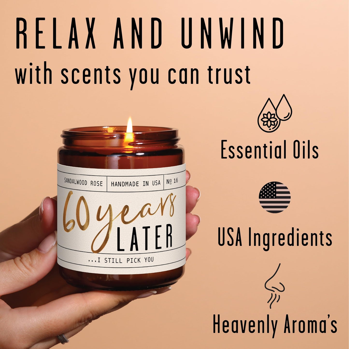 60th Anniversary Gifts – 60 Year Later Candle (Sandalwood Rose) – USA Made