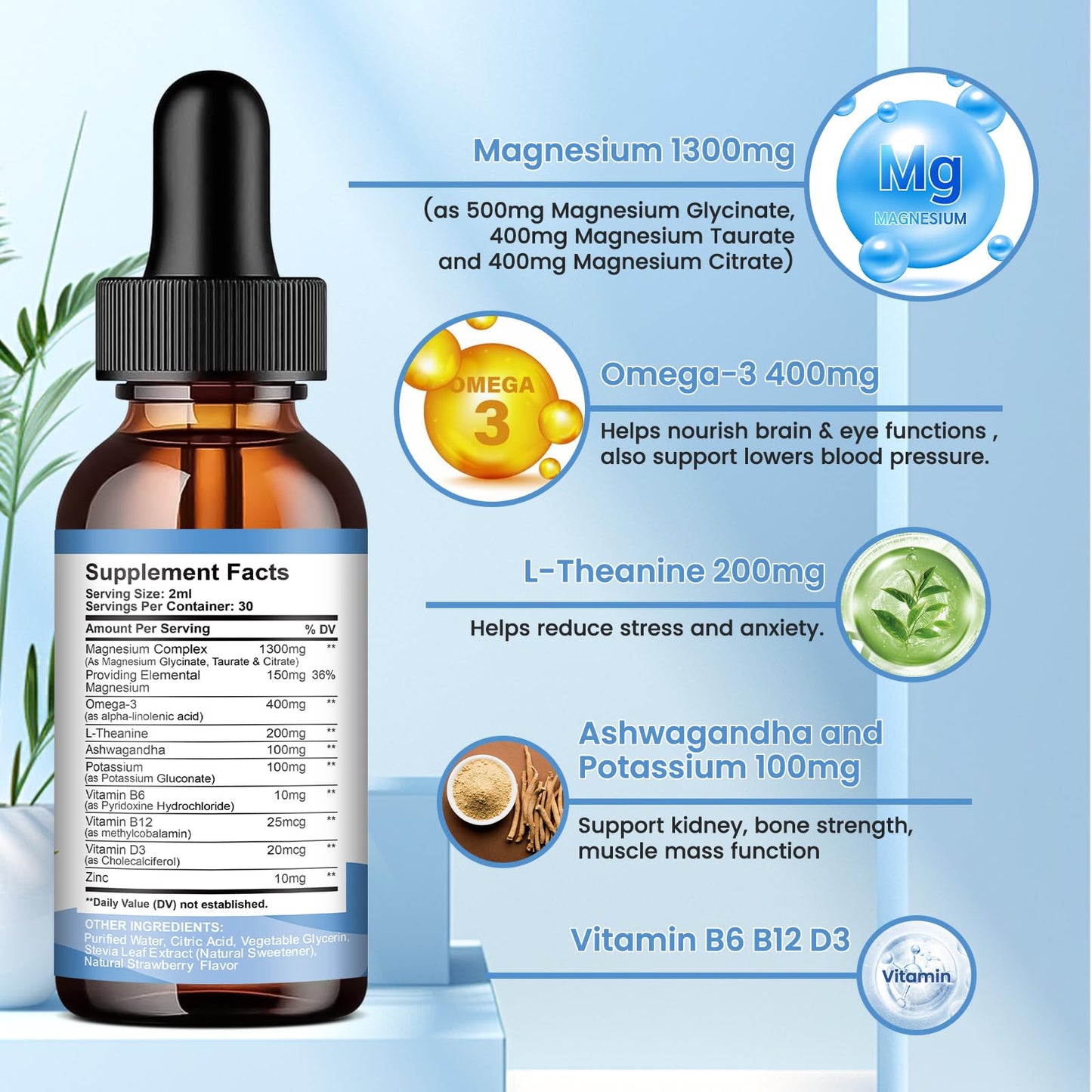 ReviNutra 2 Pack Liquid Magnesium Drops – Glycinate, Taurate & Citrate (Sugar-Free Strawberry)