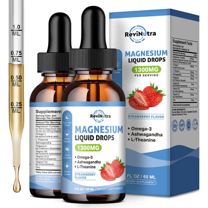 ReviNutra 2 Pack Liquid Magnesium Drops – Glycinate, Taurate & Citrate (Sugar-Free Strawberry)