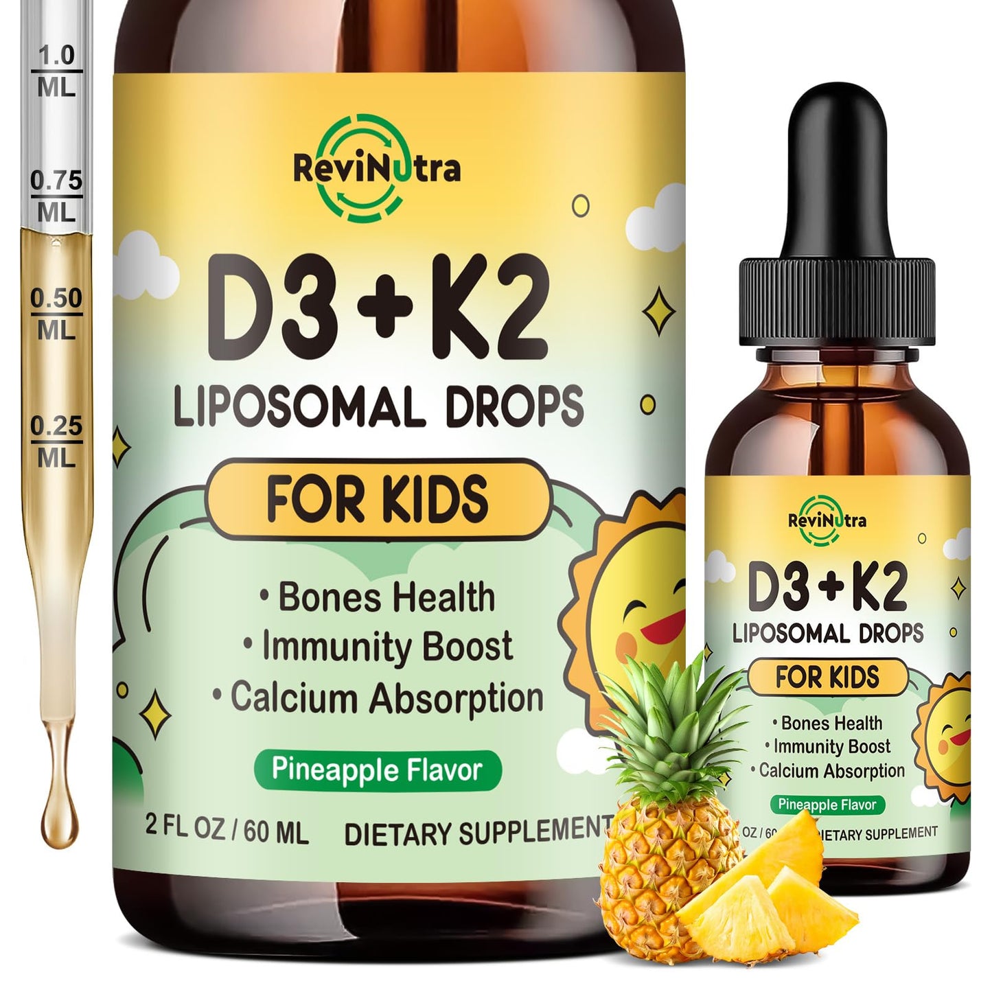 ReviNutra Vitamin D3 K2 Drops for Kids – Liposomal D3 K2 with Pineapple Flavor (2 oz)