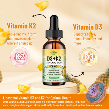 ReviNutra Vitamin D3 K2 Drops for Kids – Liposomal D3 K2 with Pineapple Flavor (2 oz)