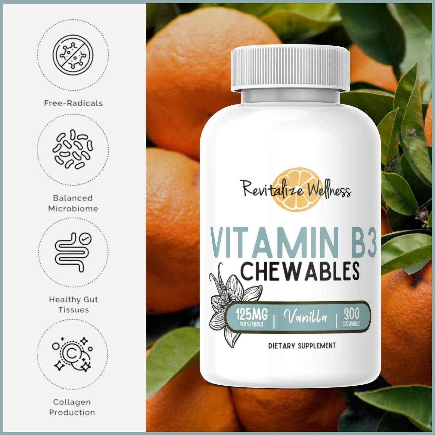 Revitalize Wellness Vitamin B3 Chewables - 125 mg per Chewable | Vanilla Flavor | 300 Servings
