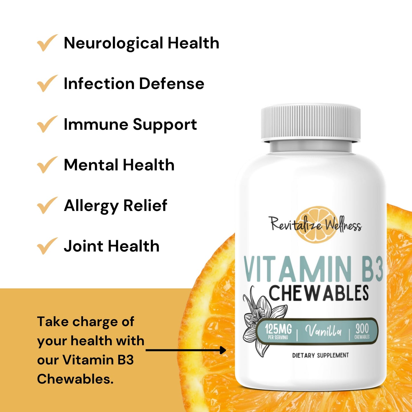 Revitalize Wellness Vitamin B3 Chewables - 125 mg per Chewable | Vanilla Flavor | 300 Servings