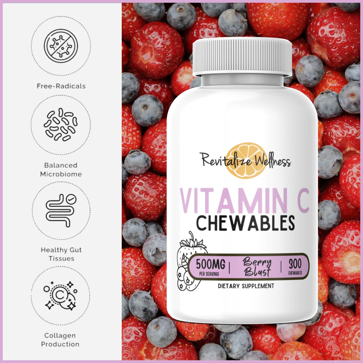 Revitalize Wellness Vitamin C Chewables - 500 mg per Serving | Berry Blast (60 Servings)