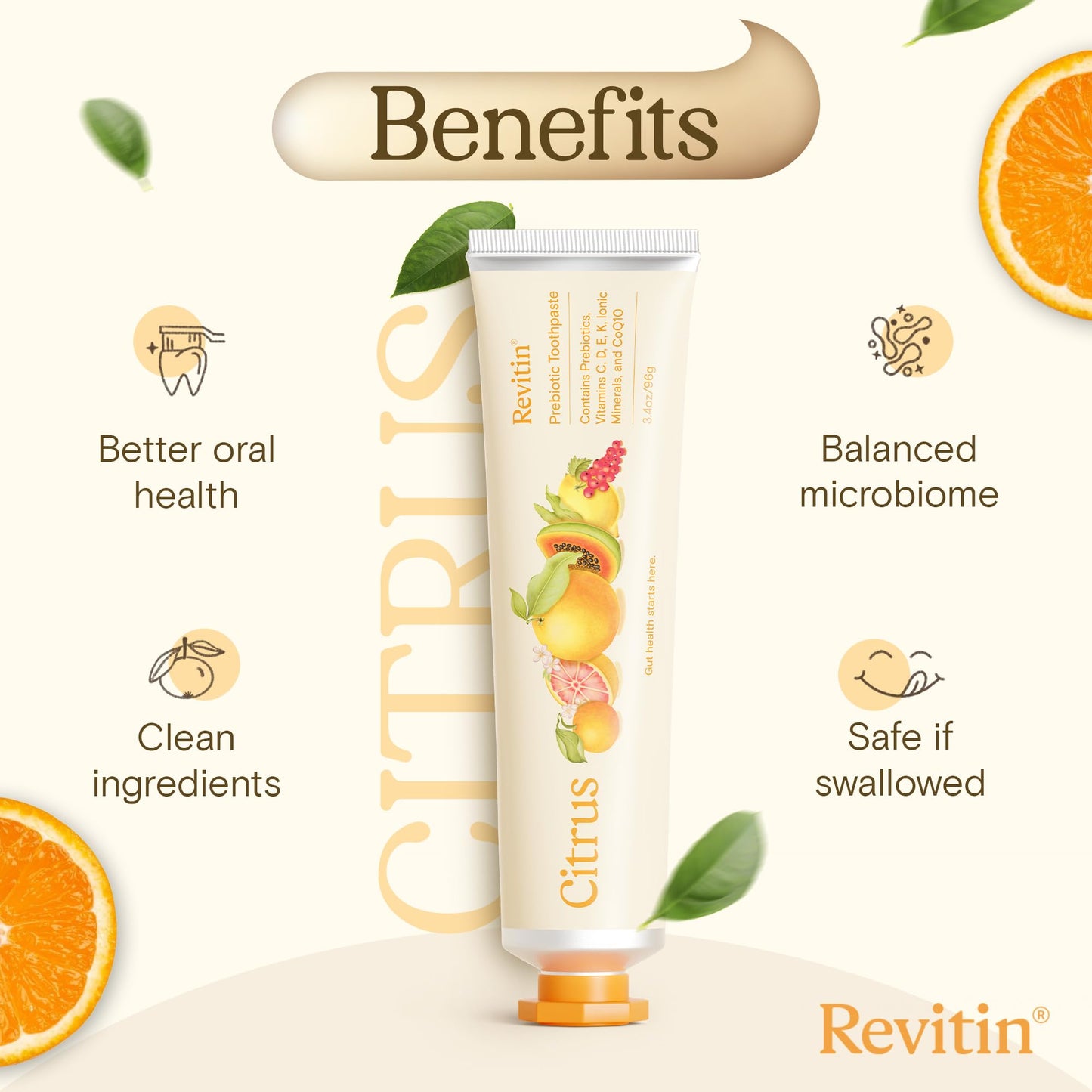Revitin Toothpaste – Fluoride-Free Prebiotic Citrus (Pack of 2) | Non-Toxic, Kid Approved