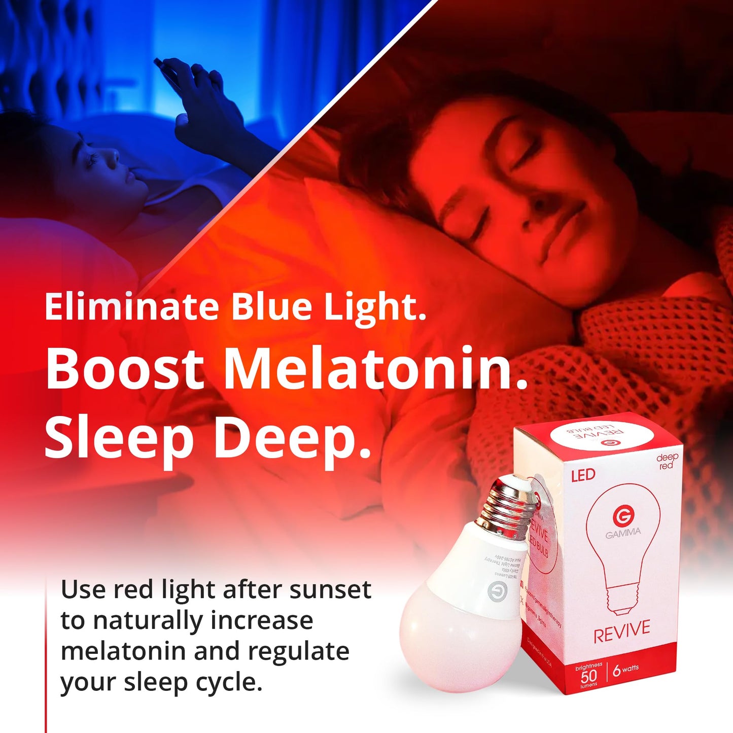 Revive - 670nm Red Light Bulb by Gamma - Sleep Therapy - Melatonin Promoting Natural Sleep Aid