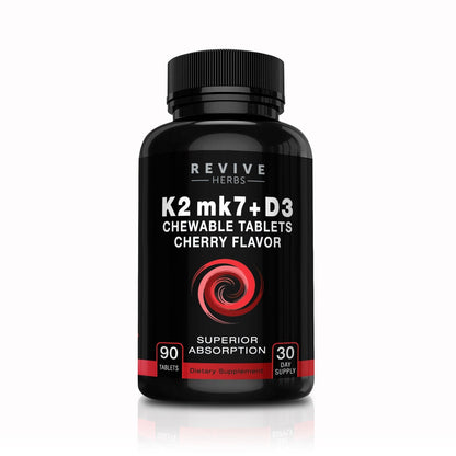 Revive Herbs Vitamin K2 D3 Cherry Chewables – MK7 75 mcg + D3 2000 IU for Bone & Heart Health | 90-Count
