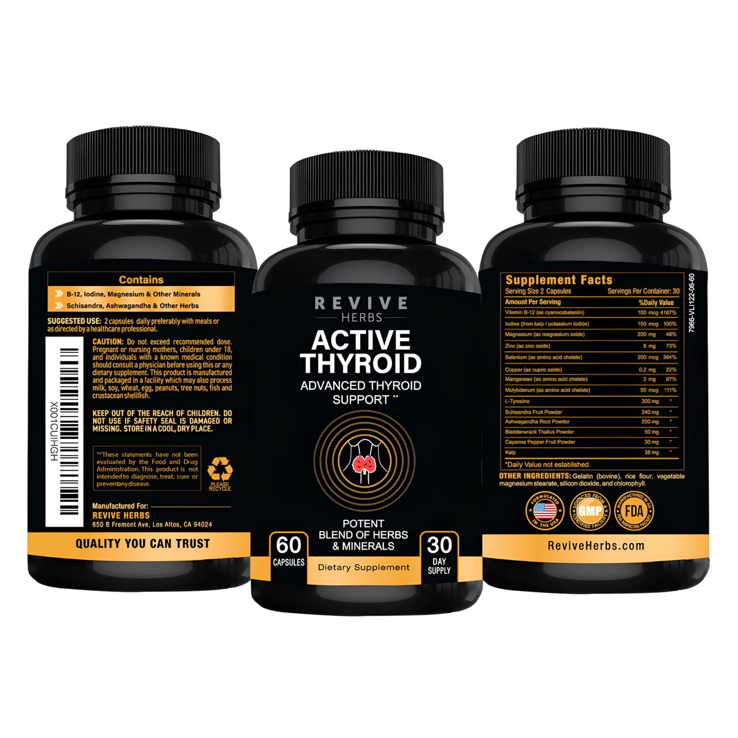 Revive Herbs Thyroid Support - Ashwagandha, Iodine, Selenium, Magnesium, Zinc & B12 | 60 Capsules x 2