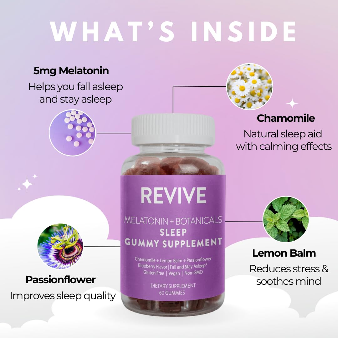REVIVEEO Melatonin & Botanicals Sleep Gummies – 5 mg Melatonin, Blueberry, Pack of 2