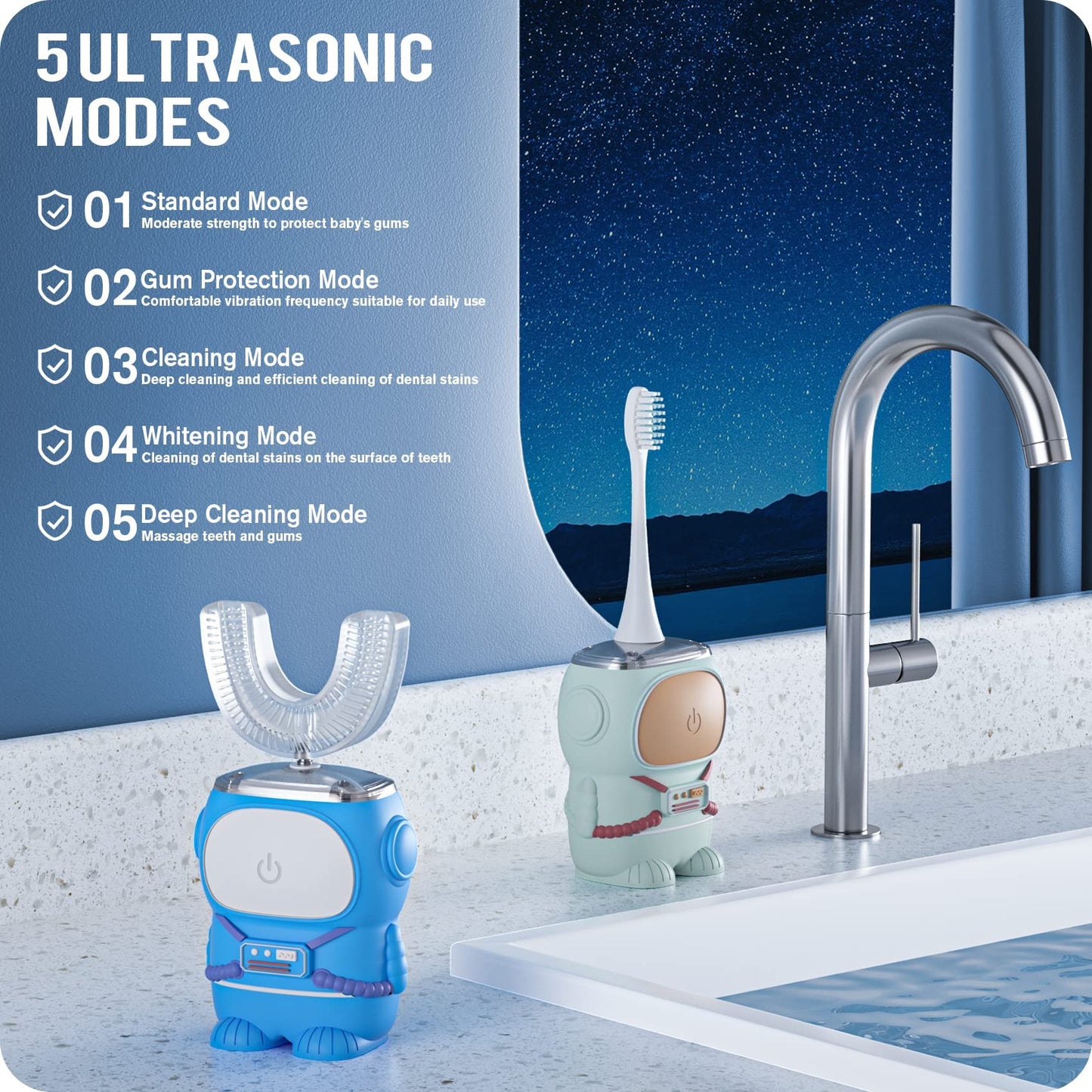 RexCodar Ultrasonic Kids Toothbrush – U-Shaped, Navy, 5 Modes, 60s Timer