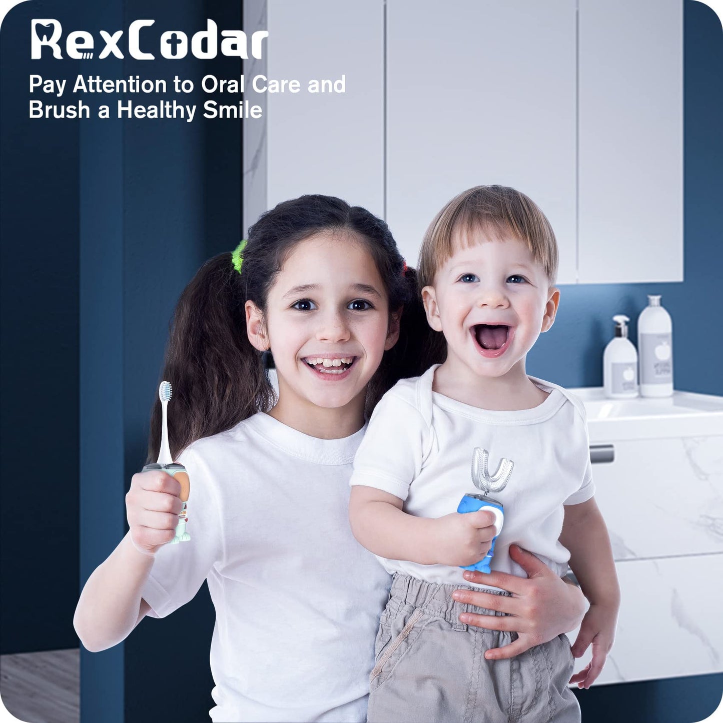 RexCodar Ultrasonic Kids Toothbrush – U-Shaped, Navy, 5 Modes, 60s Timer
