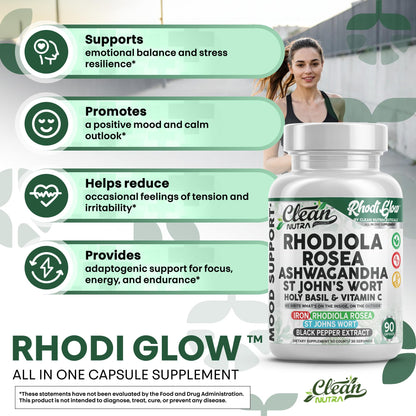 RhodiGlow Mood Support - Rhodiola, Ashwagandha & St. John's Wort | Clean Nutra