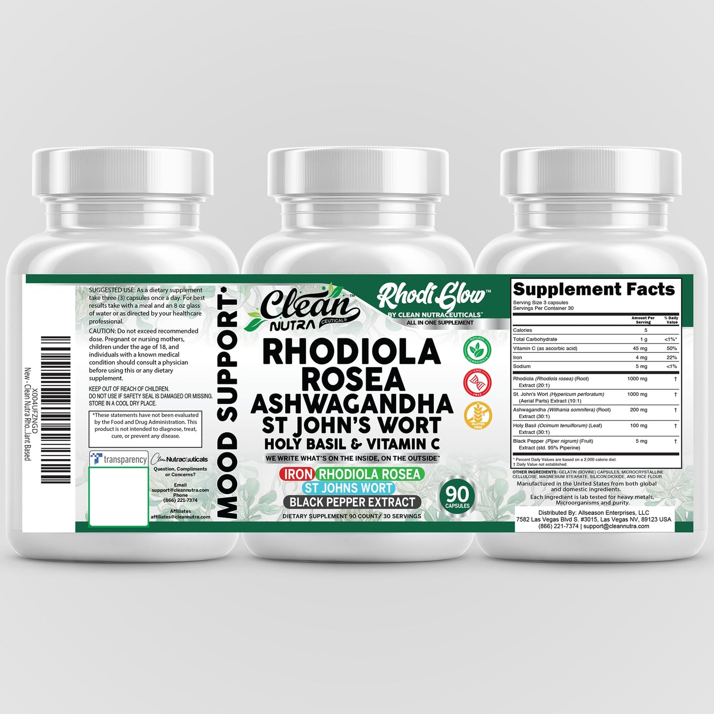 RhodiGlow Mood Support - Rhodiola, Ashwagandha & St. John's Wort | Clean Nutra