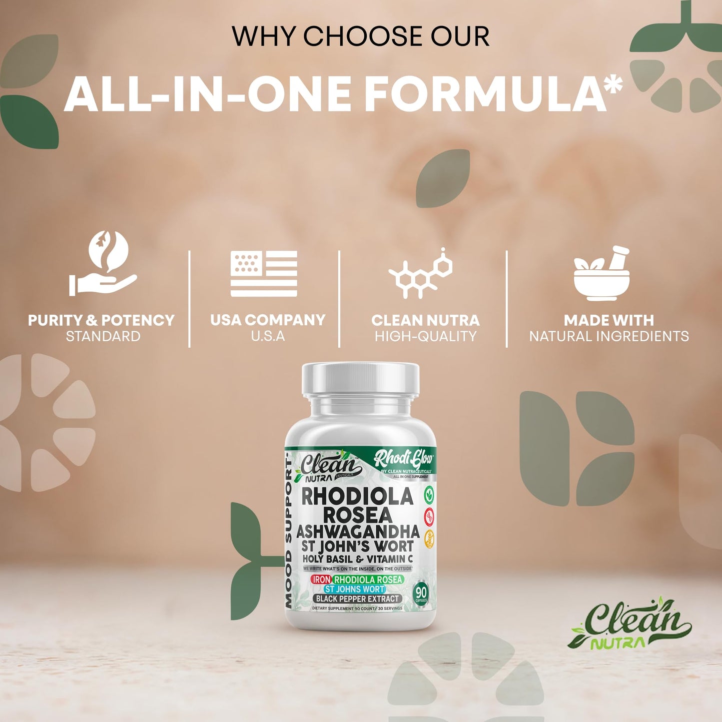RhodiGlow Mood Support - Rhodiola, Ashwagandha & St. John's Wort | Clean Nutra