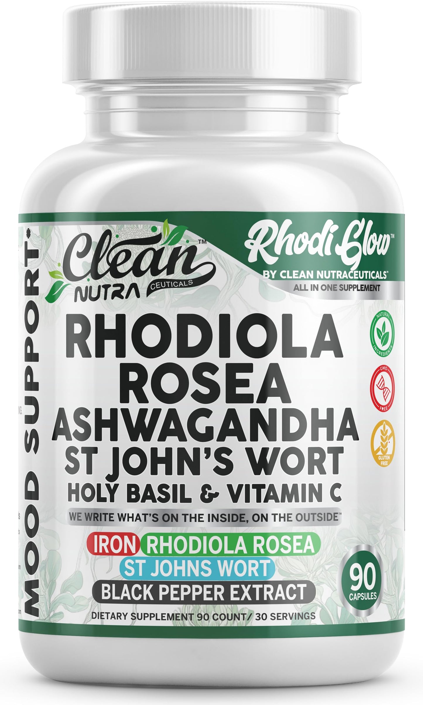 RhodiGlow Mood Support - Rhodiola, Ashwagandha & St. John's Wort | Clean Nutra