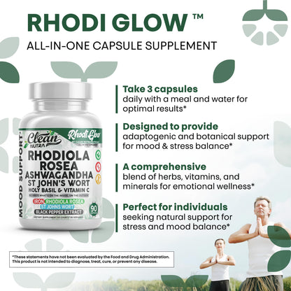 RhodiGlow Mood Support - Rhodiola, Ashwagandha & St. John's Wort | Clean Nutra