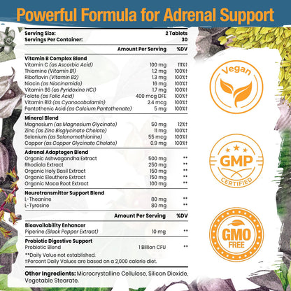 Adrenal Support Adaptogens – Cortisol Support with Rhodiola, Ashwagandha & Eleuthero | 60 Vegan Tablets