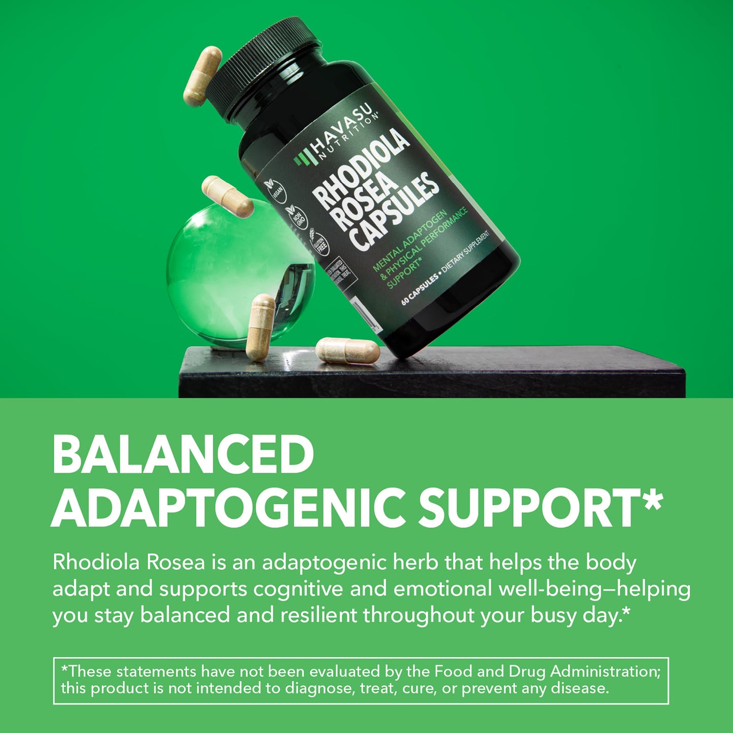 Rhodiola Rosea Supplement - 3% Salidrosides, 3:1 Rosavins, 60 Count | Vegan, Non-GMO, Gluten-Free