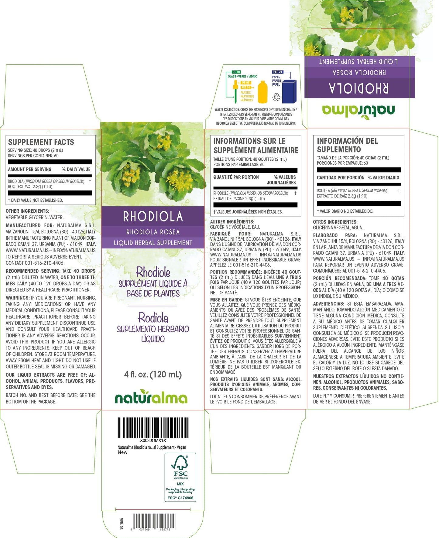 Naturalma Rhodiola rosea Root Alcohol-Free Tincture - 4 fl oz - Vegan