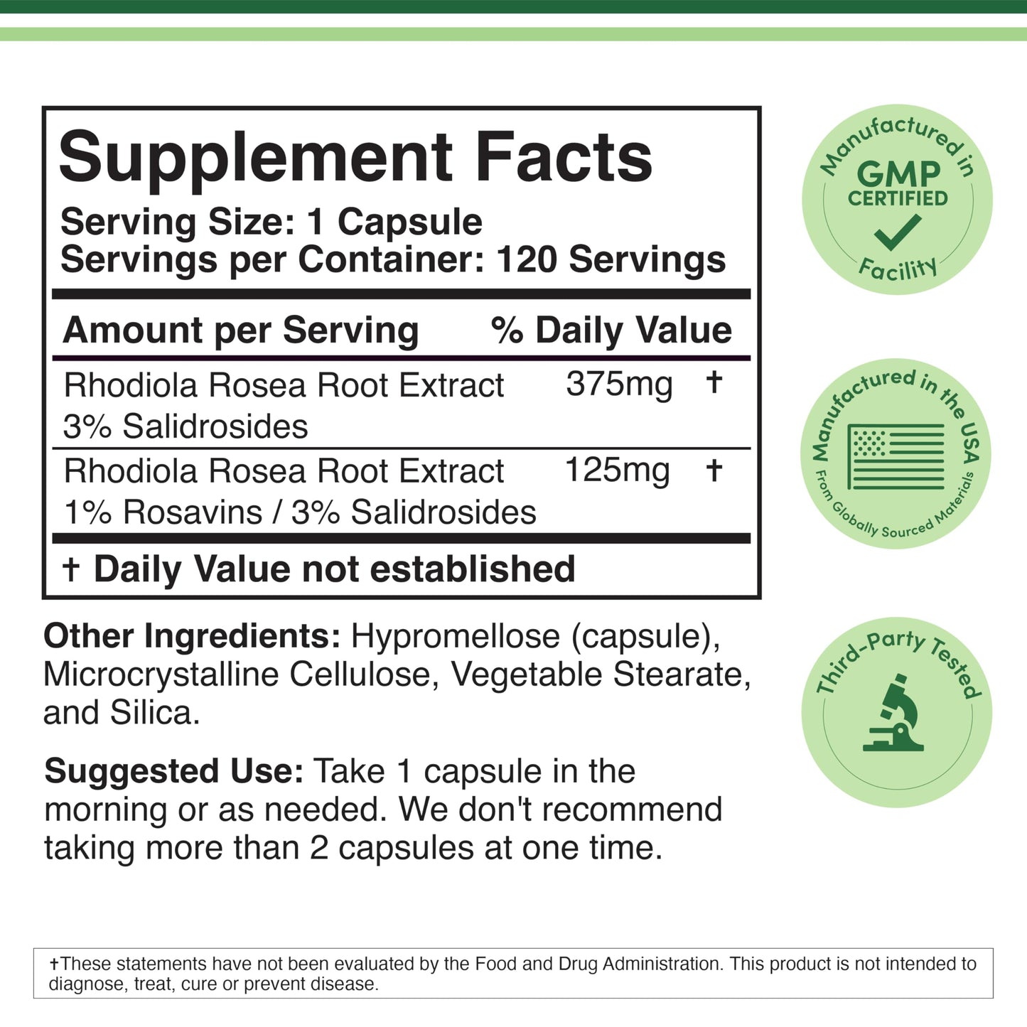 Rhodiola Rosea 500mg – 120 Vegan Capsules | 3% Salidrosides | Gluten Free