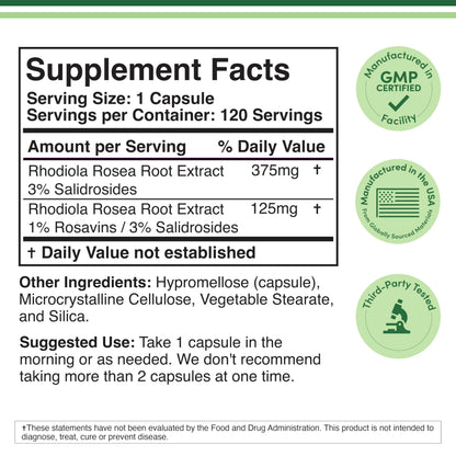 Rhodiola Rosea 500mg – 120 Vegan Capsules | 3% Salidrosides | Gluten Free