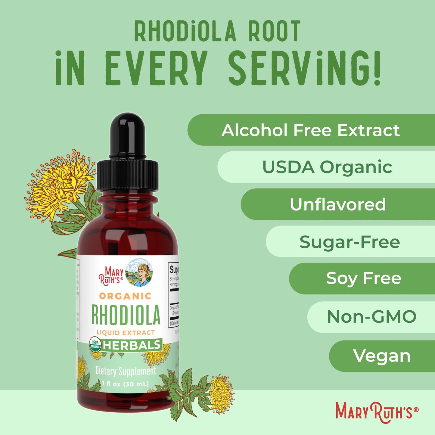 Rhodiola Rosea Supplement by MaryRuth's | USDA Organic Herbal Extract | Nootropic | Focus Supplement | Non-GMO | 30 Servings