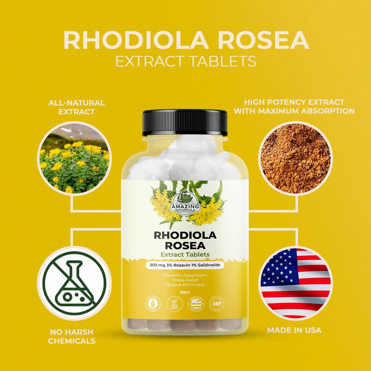 Rhodiola Rosea Extract Tablets 200mg | 30 Count | Adaptogen for Stress & Fatigue