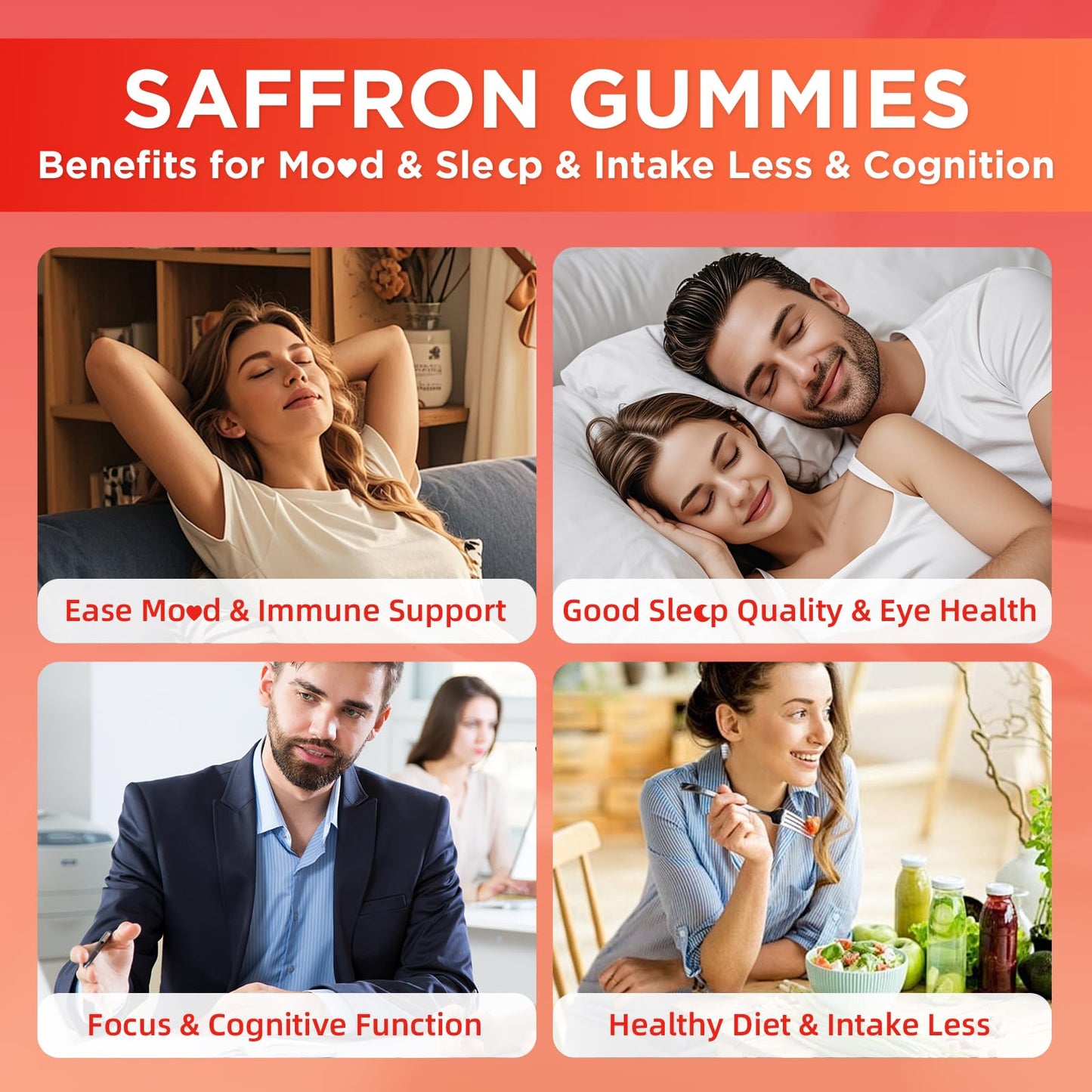 Melatonin-Free Saffron Gummies for Mood & Focus – 60 Count with 88.5 mg Saffron Extract, D3, B6, B12