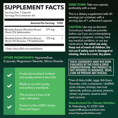 Rhodiola Rosea Supplement - 3% Salidrosides, 3:1 Rosavins, 60 Count | Vegan, Non-GMO, Gluten-Free