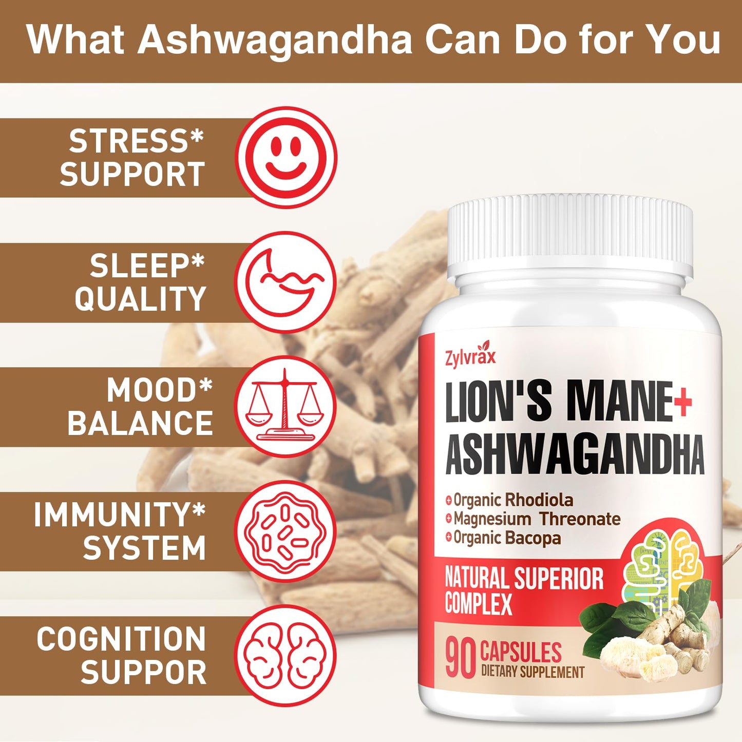 Ashwagandha & Lions Mane Capsules for Brain, Memory & Focus | 90 Capsules