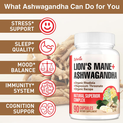 Ashwagandha & Lions Mane Capsules for Brain, Memory & Focus | 90 Capsules