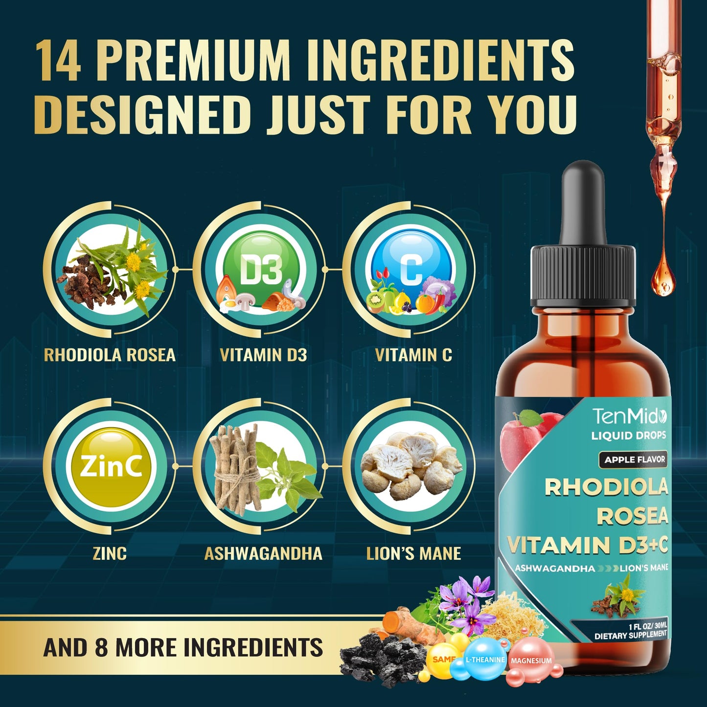Tenmido 14in1 Rhodiola Rosea Tincture – Ashwagandha, Lion's Mane, Magnesium Glycinate/Citrate/Malate, L-Theanine & SAMe | 30ml