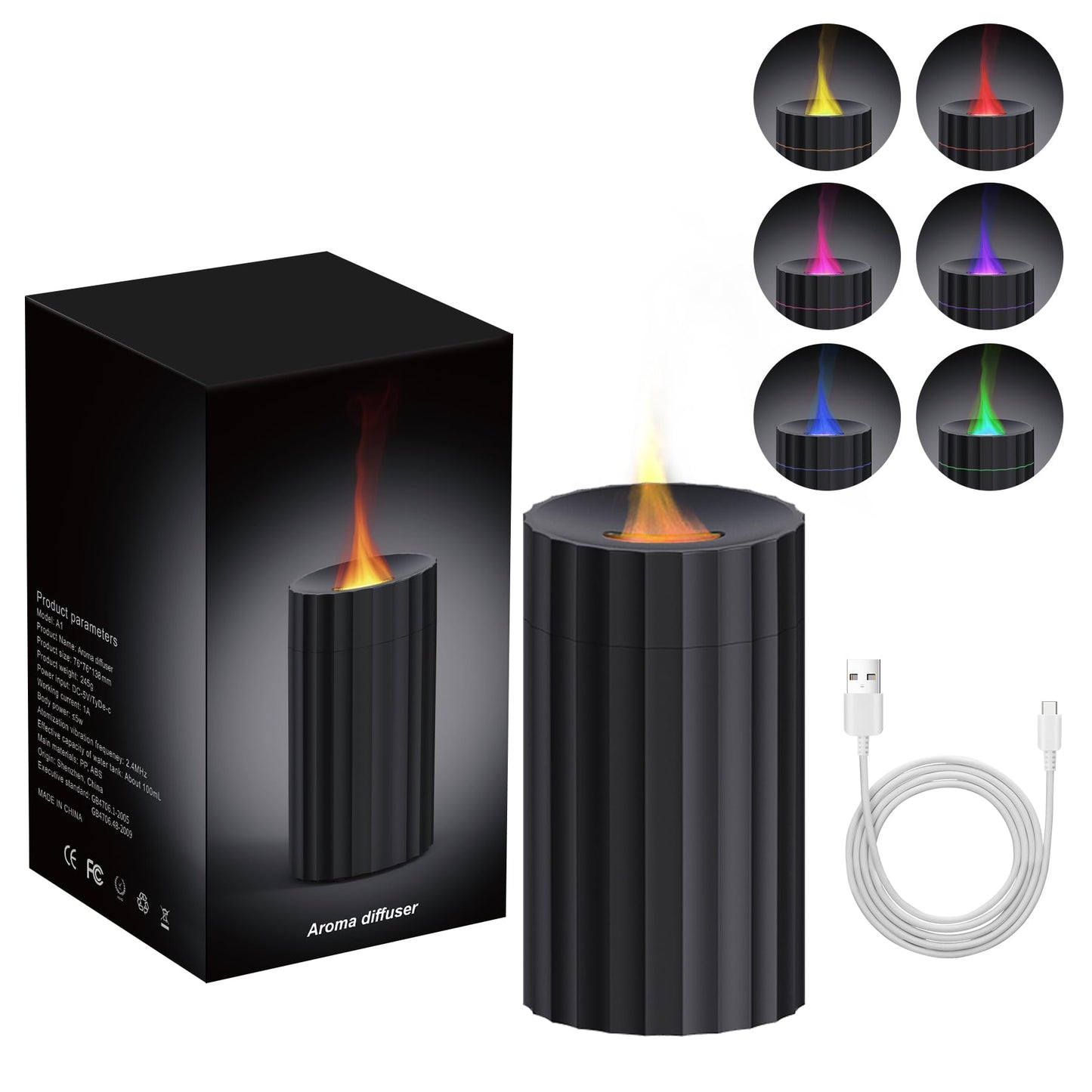 Rican Car Diffuser – Black 100ml USB-C Humidifier with Flame LED, Portable Aromatherapy Diffuser