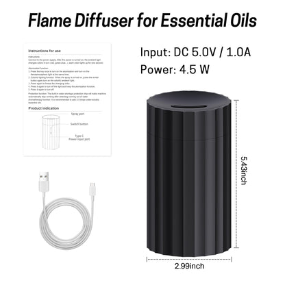 Rican Car Diffuser – Black 100ml USB-C Humidifier with Flame LED, Portable Aromatherapy Diffuser