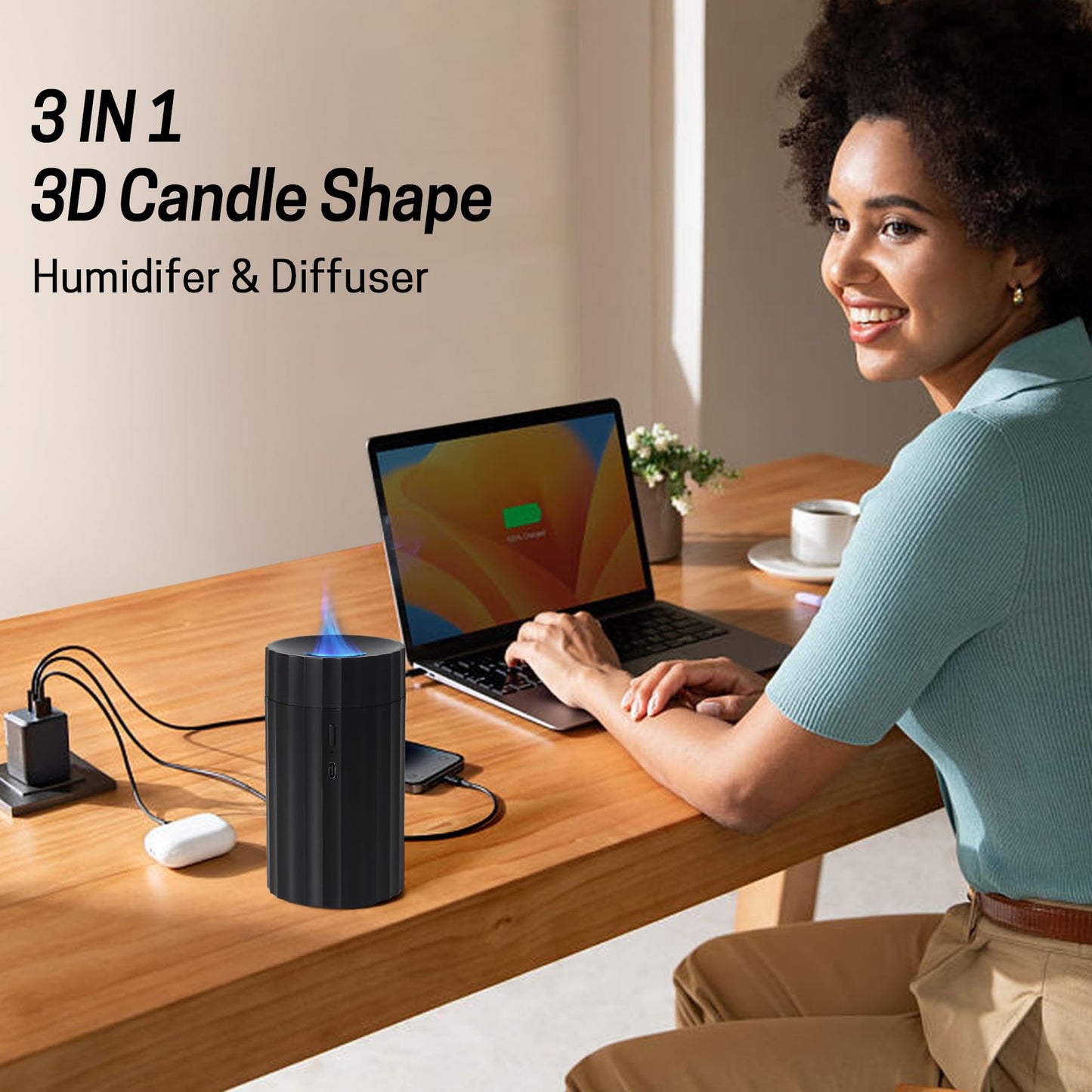 Rican Car Diffuser – Black 100ml USB-C Humidifier with Flame LED, Portable Aromatherapy Diffuser