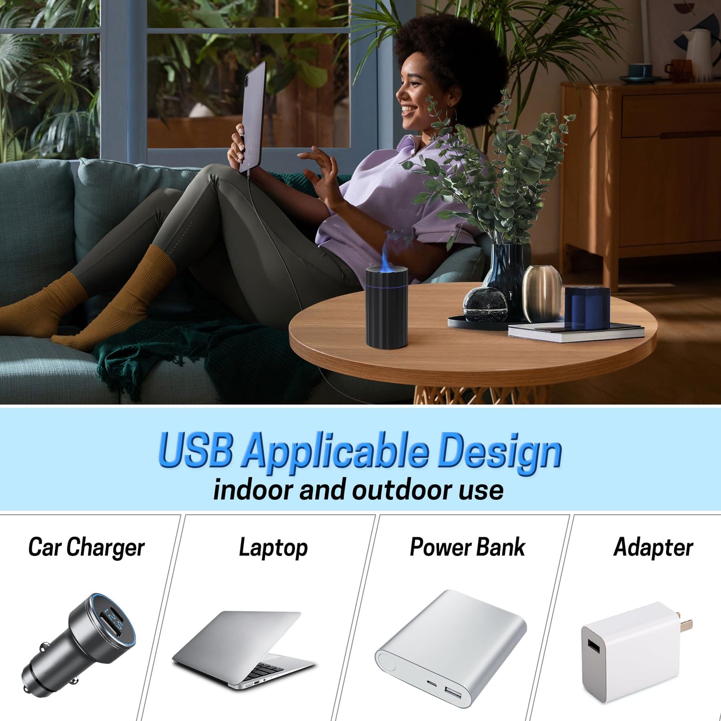 Rican Car Diffuser – Black 100ml USB-C Humidifier with Flame LED, Portable Aromatherapy Diffuser