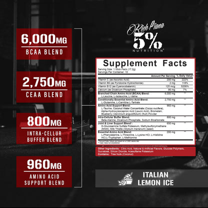 5% Nutrition Rich Piana AllDayYouMay BCAA Powder | 9g of Premium Intra & Post Workout Amino Acids for Hydration, Endurance, Muscle Recovery, Joint & Liver Support (Italian Lemon Ice)