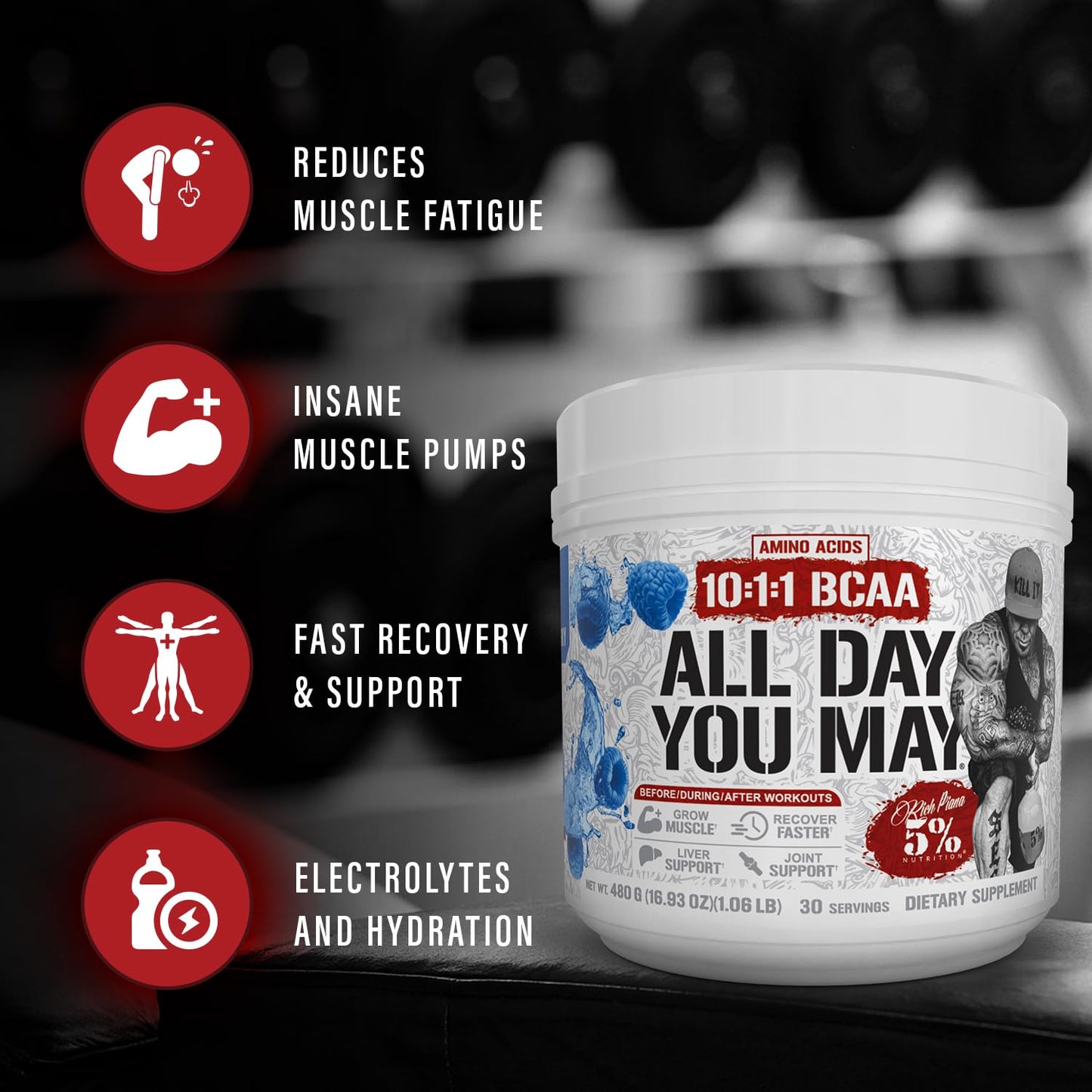 5% Nutrition Rich Piana AllDayYouMay BCAA Powder | Intra & Post-Workout Aminos, Hydration & Endurance – Lemon Lime, 15.3 oz