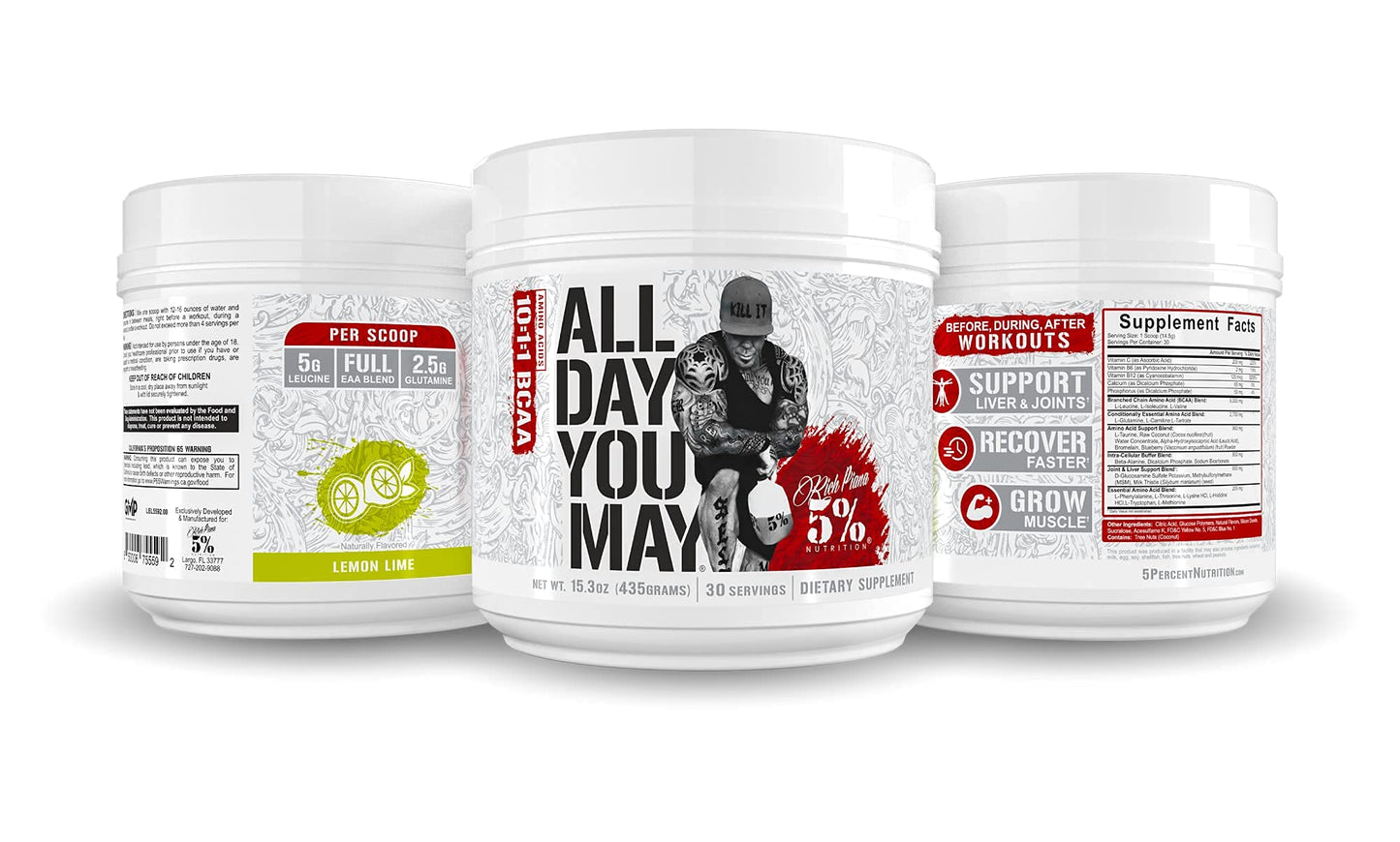 5% Nutrition Rich Piana AllDayYouMay BCAA Powder | Intra & Post-Workout Aminos, Hydration & Endurance – Lemon Lime, 15.3 oz