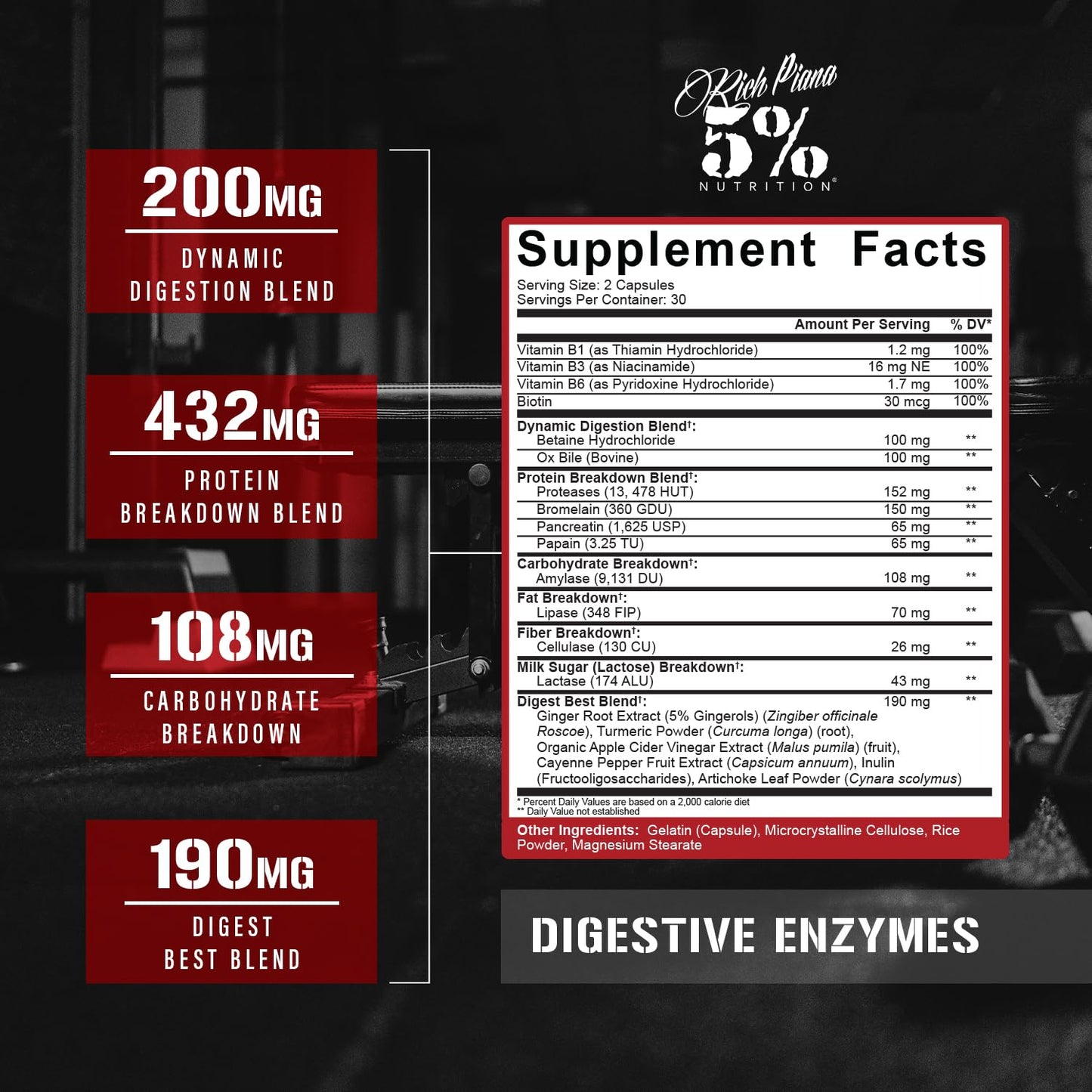 5% Nutrition Rich Piana Digestive Enzymes with Vitamin B Complex | Enzymes for Protein, Carbs, Fat, Fiber & Lactose Breakdown | 60 Veg Caps