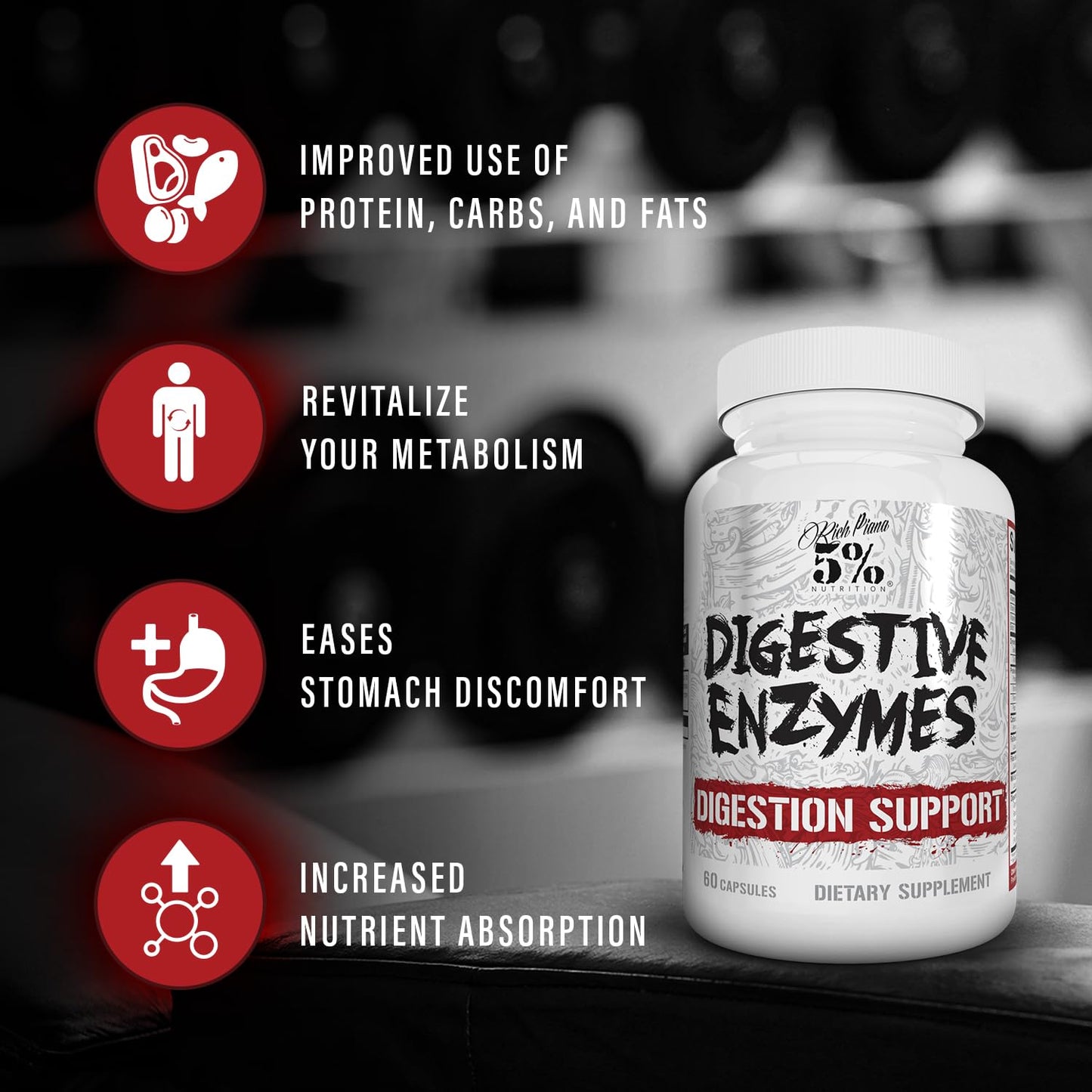 5% Nutrition Rich Piana Digestive Enzymes with Vitamin B Complex | Enzymes for Protein, Carbs, Fat, Fiber & Lactose Breakdown | 60 Veg Caps