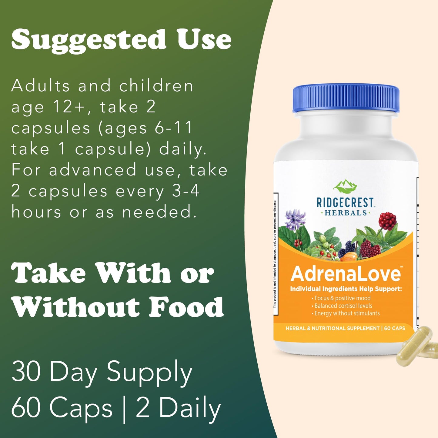 RidgeCrest Herbals AdrenaLove - Stress & Energy Support with Adaptogens (60 Vegan Caps, 30 Serv)