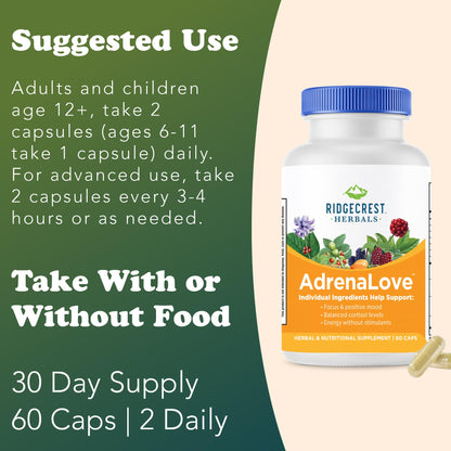 RidgeCrest Herbals AdrenaLove - Stress & Energy Support with Adaptogens (60 Vegan Caps, 30 Serv)