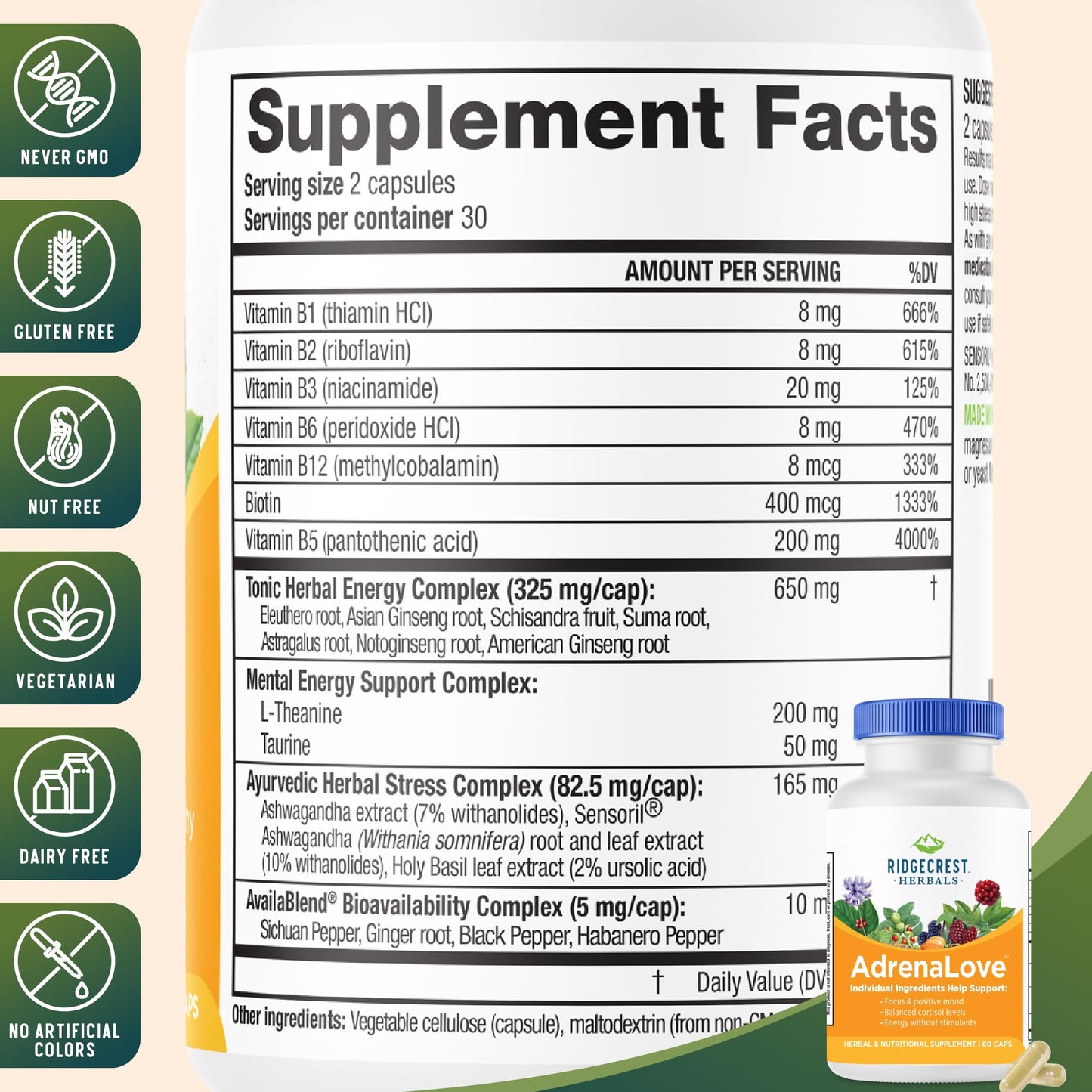 RidgeCrest Herbals AdrenaLove - Stress & Energy Support with Adaptogens (60 Vegan Caps, 30 Serv)
